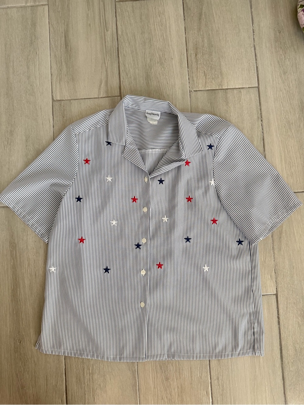 Striped Short-Sleeve Button-Up Shirt with Star Embroidery - Red/Blue/White